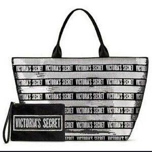 Victoria's Secret Tote Bag 2 Piece Set Black With Silver Sequins Rare